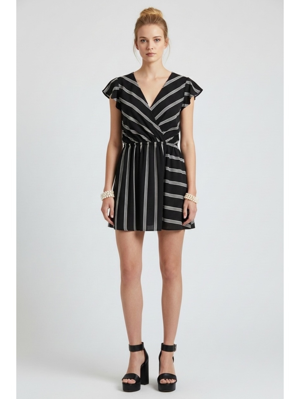 Monteau Black & White Striped Flutter Sleeve Faux Wrap Dress, Size Medium